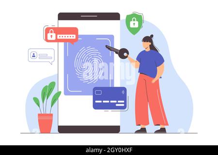 Datenschutz mit biometrischer Identifikation. Fingerabdruck-Sicherheitssystem auf dem Smartphone für sichere Authentifizierung und Transaktionen. Eine flache Frau stellt den Schlüssel für den Datenzugriff bereit. ID-Scan-Technologie. Stock Vektor