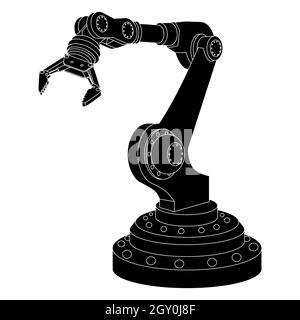 Silhouette mechanischer Roboterarm mit Greifer isoliert auf weiß. Vektorgrafik. Stock Vektor