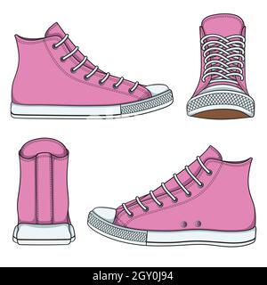 Set mit Illustrationen mit pinken Sneakers. Isolierte Vektorobjekte auf weißem Hintergrund. Stock Vektor