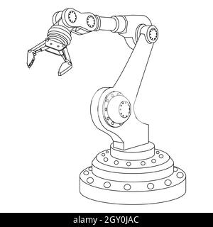 Umreißen Sie den mechanischen Roboterarm mit einem Greifer, der auf Weiß isoliert ist. Vektorgrafik. Stock Vektor