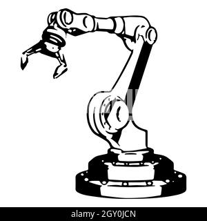 Umreißen Sie den mechanischen Roboterarm mit einem Greifer, der auf Weiß isoliert ist. Vektorgrafik. Stock Vektor