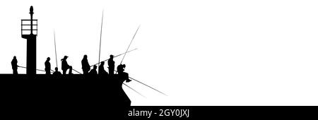 Silhouetten von Fischern mit Angelruten am Pier mit Leuchtturm isoliert auf weiß. Viele Menschen mit langen Angelruten mit Kopierplatz. Stock Vektor