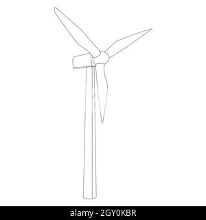 Kontur der Windmühle mit drei auf Weiß isolierten Rotorblättern. Windpark mit hohem Mast. Alternative erneuerbare Windenergie. Stockfoto