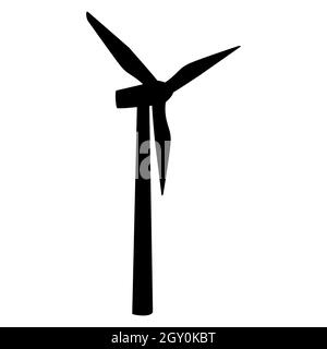 Silhouette einer Windmühle mit drei auf Weiß isolierten Klingen. Windpark mit hohem Mast. Alternative erneuerbare Windenergie. Vektor EPS 10. Stockfoto