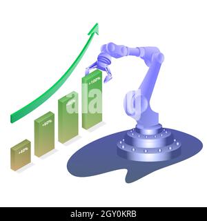 Isometrisches Konzept des automatischen Trading-Roboters mit Diagramm und Pfeil nach oben isoliert auf Weiß. Vektorgrafik. Stock Vektor