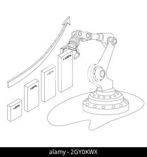 Skizzieren Sie das isometrische Konzept des automatischen Trading-Roboters mit Diagramm und Pfeil nach oben, isoliert auf Weiß. Vektorgrafik. Stock Vektor