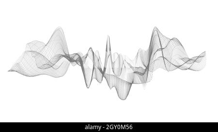 Monochrome graue transluzente 3D-Drahtgusstruktur, abstrakte Visualisierung von Audio-Schallwellen oder fragile Stoffstruktur, Format 16:9 4K UHD Stockfoto