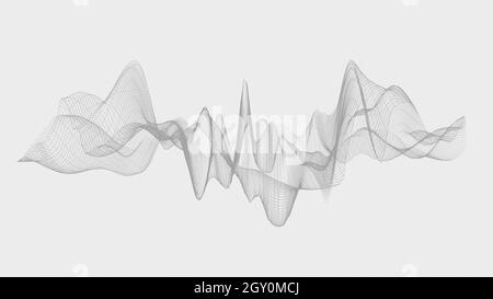 Monochrome graue transluzente 3D-Drahtgusstruktur, abstrakte Visualisierung von Audio-Schallwellen oder fragile Stoffstruktur, Format 16:9 4K UHD Stockfoto