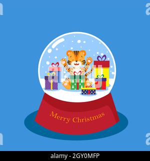 Glückliches Tigerkub in einer verschneiten Glaskugel mit Geschenk Stock Vektor