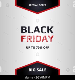 Black friday, Bannervorlage auf weißem Hintergrund. Schwarzer freitag, weißes Banner mit abstrakten geometrischen Formen. Bis zu 70 % Rabatt. Stock Vektor