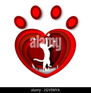 Katze weiße Silhouette in roter Herzform Haustier Tier Pfote Druck, Vektor Papier Schnitt Illustration. Tierhandlung, Tierheim, Tierarzt-Logo Stock Vektor