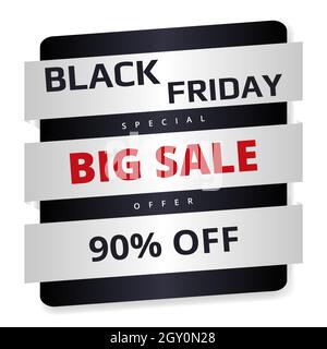 Schwarzer freitag, weißes abstraktes Banner. Black friday Banner Vorlage silber und grau Papier Formen auf weißem Hintergrund. Bis zu 90 % Rabatt. Stock Vektor