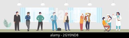 Menschen, die in der Schlange stehen, um eine Covid-19-Impfstoffinjektion zu erhalten, flache Vektordarstellung. Impfwareliste für Coronaviren. Stock Vektor