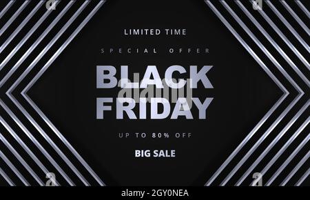 Black friday Werbeaktion Verkauf Banner Vorlage. Grauer und silberner luxuriöser dunkler Hintergrund. Stock Vektor