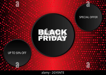 Black friday Sale abstraktes Banner. Roter Vektorhintergrund mit schwarzen Kreisen und Halbtoneffekt. Stock Vektor