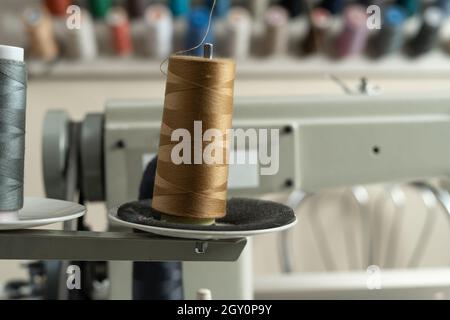 In einer Nähwerkstatt stehen Spulen aus braunem und grauem Garn auf einer Nähmaschine. Hochwertiges Nahtmaterial in der Produktion. Stockfoto