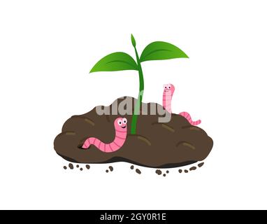 Regenwurm auf einem Erdhaufen. Wurm und junge grüne Pflanze. Stock Vektor