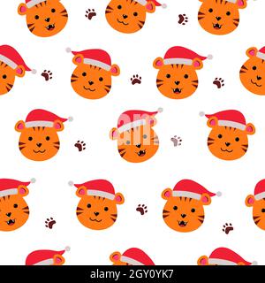 Niedliche Cartoon-Kunst Weihnachten Tiger nahtlose Muster Stock Vektor