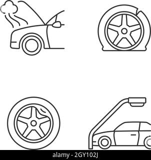 Fahrzeugschäden bei Autounfällen lineare Symbole gesetzt Stock Vektor