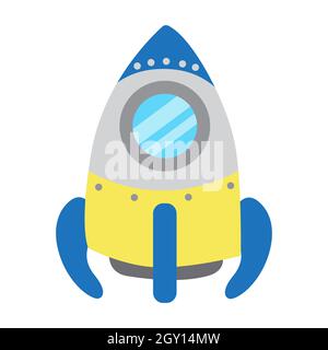 Space Rakete Schiff, niedliche Illustration in Cartoon flachen Stil. Gründeridee des Unternehmens. Raumfahrt, Raumschiff. Shuttle, UFO-Schiff. Drucken für Kinder Stock Vektor