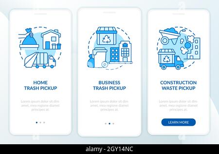 Die Sammlung und Abholung von Abfällen wird auf der blauen Seite der mobilen App für das Onboarding angezeigt Stock Vektor