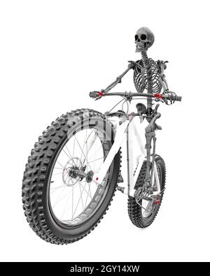 Skeleton fährt ein Fahrrad, 3d-Illustration Stockfoto