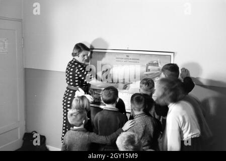 Eine Schulklasse lässt sich mit großem Interesse von ihrer Lehrerin den Aufbau eines Zeppeline erklären, Zeppelin Siedlung bei Frankfurt am Main, Deutschland 1930er. Ein Lehrer erklärt den Bau einer zeppelinl zu ihrer Schüler, die Hören mit großem Interesse sind, zeppelin Dorf in der Nähe von Frankfurt am Main, Deutschland 1930. Stockfoto