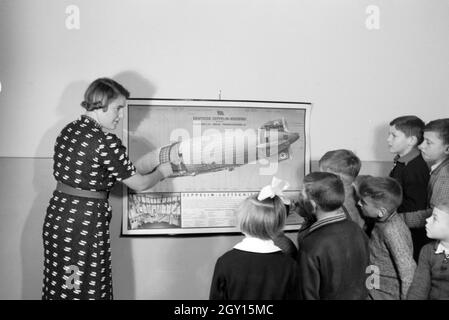 Eine Schulklasse lässt sich mit großem Interesse von ihrer Lehrerin den Aufbau eines Zeppeline erklären, Zeppelin Siedlung bei Frankfurt am Main, Deutschland 1930er. Ein Lehrer erklärt den Bau einer zeppelinl zu ihrer Schüler, die Hören mit großem Interesse sind, zeppelin Dorf in der Nähe von Frankfurt am Main, Deutschland 1930. Stockfoto