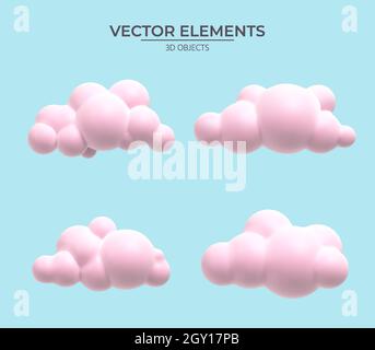 Set von rosa 3d-Wolken isoliert auf einem hellblauen Hintergrund. Rendering von schönen, zarten Wolken von rosa in den Strahlen des Sonnenaufgangs. Realistisches 3d-Symboldesign. Vektorgrafik Stock Vektor