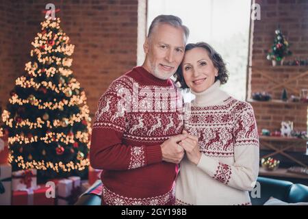 Fotoporträt Seniorenpaar hält sich am neuen Jahr zu Hause in roten, festlichen Pullovern die Hände Stockfoto