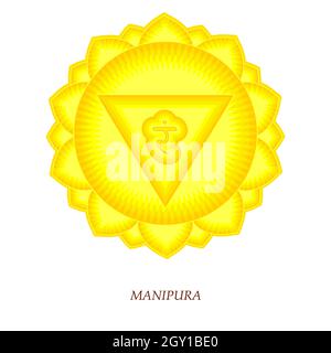 Leicht zu editierende Vektordarstellung das dritte Chakra von Manipur. Solar Plexus Chakra mit hinduistischem Sanskrit. Gelb ist ein flaches Symbol für Meditation, Yoga. Stock Vektor