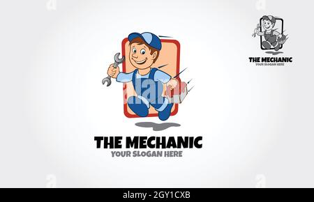 Der Mechanic Vector Logo Cartoon. Vektor-Logo-Illustration eines Auto-Mechaniker Cartoon-Charakter. Stock Vektor