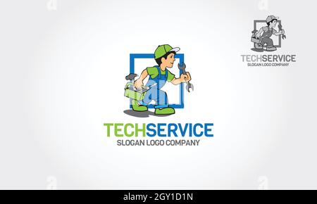 Cartoon Mit Dem Tech Service Vector Logo. Handyman Services Emblem für Ihr Unternehmen. Stock Vektor