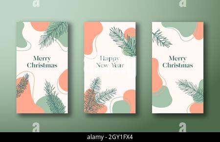 Weihnachten und Neujahr trendy editierbare Vorlagen Set. Abstrakte Formen und handgezeichnete Kiefernfichtenzweige für Social Networks Stories. Soziale Medien Stock Vektor