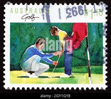 AUSTRALIEN - UM 1989: Eine in Australien gedruckte Marke zeigt Golf, Sport und Erholung, um 1989 Stockfoto