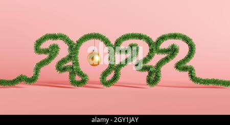 Neujahr 2022 Schild mit Girlande auf rotem Hintergrund und Weihnachtskugel. 3d-Rendering Stockfoto