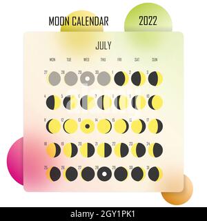 Juni 2022 Mondkalender. Astrologisches Kalenderdesign. planer. Platz für Aufkleber. Modell des Monatszyklus-Planers. Isolierte bunte Glasmorphismus Stock Vektor