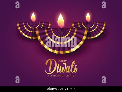 Indian Festival Happy Diwali mit Diwali Requisiten, Urlaub Hintergrund, Diwali Feier Grußkarte, Vektor-Illustration Design. Stock Vektor