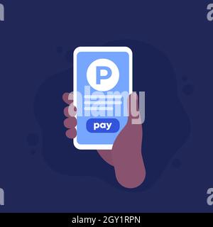 Parken Pay mit App, Telefon in der Hand, Vektor-Symbol Stock Vektor
