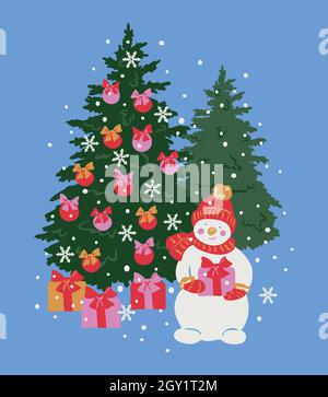 Vektor-Illustration mit Weihnachtsbaum mit Kugeln, Schneemann und Geschenke. Helles Design für Postkarten. Stock Vektor