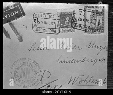 Reproduktion eines Briefumschlages aus Spanien vom 29. März 1937, Deutschland 1930er Jahre. Die Vervielfältigung von einen Umschlag aus Spanien vom 29. März 1937, in Deutschland 1930. Stockfoto