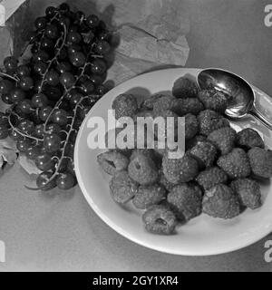 Nahaufnahme eines Erzähler mit Himbeeren und Johannisbeeren, einem Zweig Deutschland 30er Jahre. Detailansicht der Platte mit Himbeeren und ein Zweig der weisse Johannisbeere, Deutschland 1930. Stockfoto