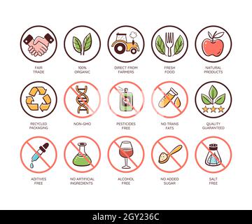 Symbol für Lebensmittelqualität eingestellt. Die Qualität der Lebensmittel und ihre Produktion. Freie Schadstoffe. Frische und natürliche Produkte. Handgezeichnete bunte Vektorsymbole. Stock Vektor