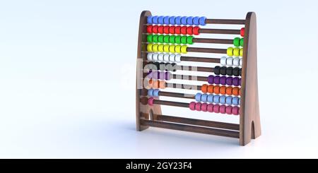 Zählen Sie das Lernen. Traditioneller Abakus isoliert auf weißem Hintergrund. Kinderzählungen, Schulwerkzeug für einfache Mathematik, bunte Perlen und Holzrahmen. Cop Stockfoto