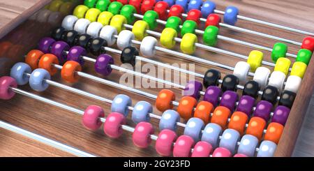 Abacus, zählen lernen traditionelle Schulausrüstung mit bunten Perlen, Nahaufnahme. Grundlegende mathematische Addition und Subtraktion für Grundschüler Stockfoto