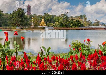 Blumen und ein See im Botanischen Garten von Kandawgyi in Pyin Oo Lwin, Myanmar Stockfoto