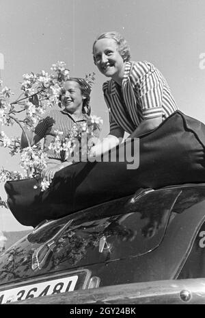 Zwei junge Frauen machen 5/6 einer Spazierfahrt mit dem Cabrio unter einem blühenden Kirschbaum im Schwarzwald Rast, Deutschland 1930er Jahre. Zwei junge Frauen ruhen unter einem blühenden Kirschbaum im Schwarzwald während Ihrer Reise mit einem Cabrio, Deutschland 1930. Stockfoto