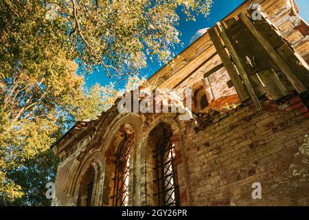 Martinovo, Beschenkowitschski Bezirk, Witebsk Gebiet, Weißrussland. Nahaufnahme Der Alten Ruinen Der Kirche Der Fürbitte Der Allerheiligsten Gottesmutter. Ruinen Von Stockfoto