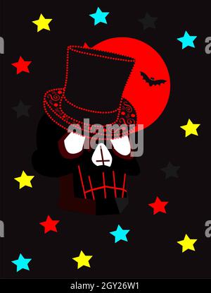 Halloween Totenkopf mit Zylinderhut, Mondlicht und Sternen, flaches Design. Stockfoto