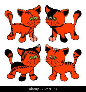 Vier amüsante verschiedene Cartoon-Katzen für Halloween isoliert auf weißem Hintergrund, schwarz und orange Bild von Haustieren Stock Vektor